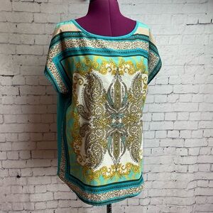 Hannah size large teal, cream and gold blouse handkerchief style